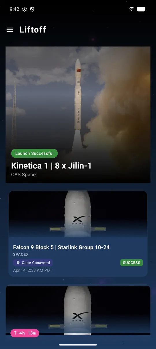 Liftoff launch feed showing upcoming and recent rocket launches