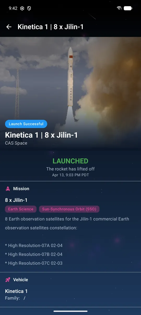 Liftoff launch detail view with mission and vehicle information